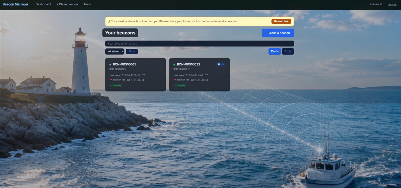 Real Beacon Manager cloud dashboard showing the registered device list